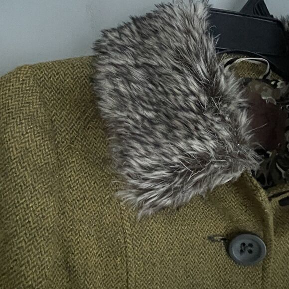 Free People Pea Coat Wool Silk Faux Fur Collar Women's Sz 10 Green Tweed Ribbon - Picture 5 of 16